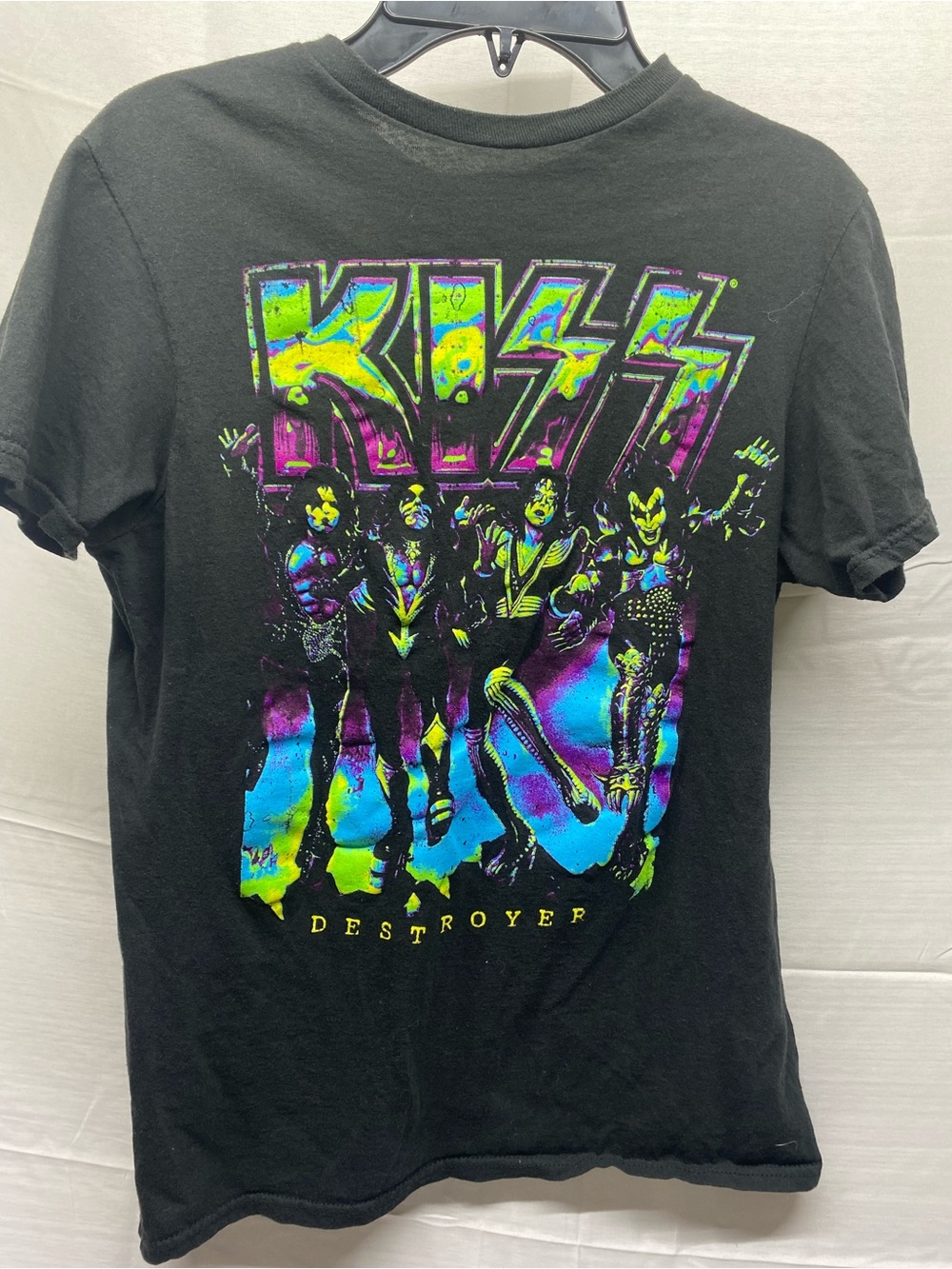 Kiss Black Tee with Neon Blue, Green & Purple Band Print